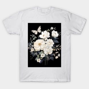 Elegant White Florals and Butterfly on Black - Botanical Ar T-Shirt